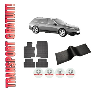 Set 5 covorase auto HONDA ACCORD VIII Estate (CW) din 2013-2018, cu covoras tunel median, presuri auto din cauciuc, 4x Stickere auto cu HONDA