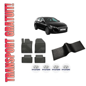 Set 5 covorase auto HYUNDAI i30 (PDE, PD, PDEN) din 2008-2017, cu covoras tunel median, presuri auto din cauciuc, 4x Stickere auto cu HYUNDAI