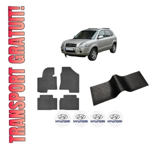 Set 5 covorase auto HYUNDAI TUCSON SUV Van (JM) din 2016-2024, cu covoras tunel median, presuri auto din cauciuc, 4x Stickere auto cu HYUNDAI