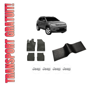 Set 5 covorase auto JEEP COMPASS (MP, M6, MV, M7) din 2008-2017, cu covoras tunel median, presuri auto din cauciuc, 4x Stickere auto cu JEEP
