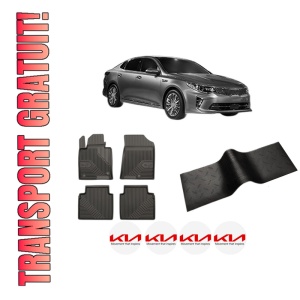 Set 5 covorase auto KIA OPTIMA (JF) din 2010-2018, cu covoras tunel median, presuri auto din cauciuc, 4x Stickere auto cu KIA