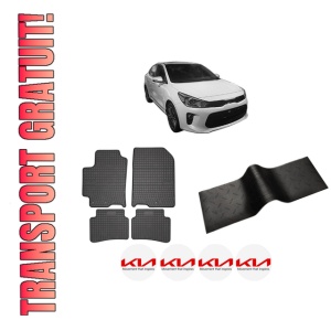 Set 5 covorase auto KIA RIO IV Hatchback Van (YB, SC, FB) din 2014-2016, cu covoras tunel median, presuri auto din cauciuc, 4x Stickere auto cu KIA