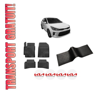 Set 5 covorase auto KIA RIO IV Hatchback Van (YB, SC, FB) din 2014-2016, cu covoras tunel median, presuri auto din cauciuc, 4x Stickere auto cu KIA