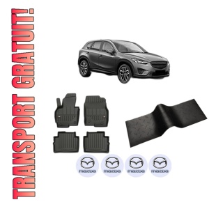 Set 5 covorase auto MAZDA CX-5 (KE, GH) din 2016-2019, cu covoras tunel median, presuri auto din cauciuc, 4x Stickere auto cu MAZDA