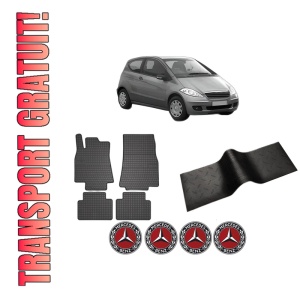 Set 5 covorase auto MERCEDES-BENZ A-CLASS (W169) din 2010-2020, cu covoras tunel median, presuri auto din cauciuc, 4x Stickere auto cu MERCEDES-BENZ