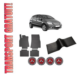 Set 5 covorase auto MERCEDES-BENZ B-CLASS Sports Tourer (W245) din 2006-2014, cu covoras tunel median, presuri auto din cauciuc, 4x Stickere auto cu MERCEDES-BENZ