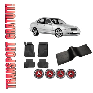 Set 5 covorase auto MERCEDES-BENZ C-CLASS (W203) din 2016-2023, cu covoras tunel median, presuri auto din cauciuc, 4x Stickere auto cu MERCEDES-BENZ
