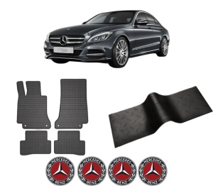 Set 5 covorase auto MERCEDES-BENZ C-CLASS (W205) din 2016-2020, cu covoras tunel median, presuri auto din cauciuc, 4x Stickere auto cu MERCEDES-BENZ - Img 2