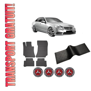 Set 5 covorase auto MERCEDES-BENZ E-CLASS (W212) din 2013-2019, cu covoras tunel median, presuri auto din cauciuc, 4x Stickere auto cu MERCEDES-BENZ