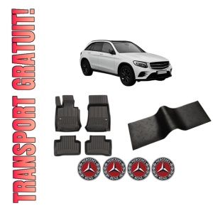Set 5 covorase auto MERCEDES-BENZ GLC (X253) din 2004-2013, cu covoras tunel median, presuri auto din cauciuc, 4x Stickere auto cu MERCEDES-BENZ