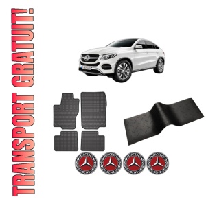Set 5 covorase auto MERCEDES-BENZ GLE Coupe (C292) din 2014-2018, cu covoras tunel median, presuri auto din cauciuc, 4x Stickere auto cu MERCEDES-BENZ