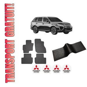 Set 5 covorase auto MITSUBISHI OUTLANDER III Van (GF_W, GG_W) din 2014-2020, cu covoras tunel median, presuri auto din cauciuc, 4x Stickere auto cu MITSUBISHI
