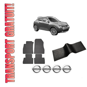Set 5 covorase auto NISSAN JUKE (F15) din 2008-2013, cu covoras tunel median, presuri auto din cauciuc, 4x Stickere auto cu NISSAN