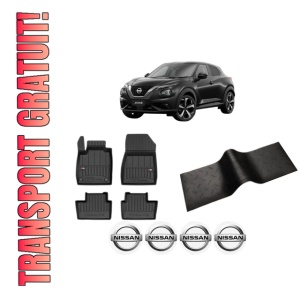 Set 5 covorase auto NISSAN JUKE (F16_) din 2010-2020, cu covoras tunel median, presuri auto din cauciuc, 4x Stickere auto cu NISSAN