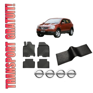 Set 5 covorase auto NISSAN QASHQAI I (J10, NJ10) din 2006-2015, cu covoras tunel median, presuri auto din cauciuc, 4x Stickere auto cu NISSAN