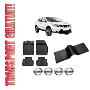 Set 5 covorase auto NISSAN QASHQAI II (J11, J11_) din 2014-2022, cu covoras tunel median, presuri auto din cauciuc, 4x Stickere auto cu NISSAN