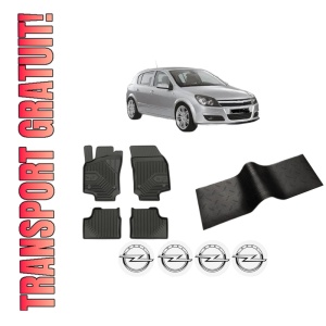 Set 5 covorase auto OPEL ASTRA H (A04) din 2020-2024, cu covoras tunel median, presuri auto din cauciuc, 4x Stickere auto cu OPEL