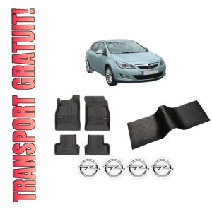 Set 5 covorase auto OPEL ASTRA J (P10) din 2005-2012, cu covoras tunel median, presuri auto din cauciuc, 4x Stickere auto cu OPEL
