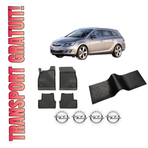 Set 5 covorase auto OPEL ASTRA J Sports Tourer (P10) din 2016-2021, cu covoras tunel median, presuri auto din cauciuc, 4x Stickere auto cu OPEL