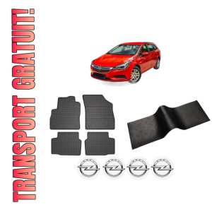 Set 5 covorase auto OPEL ASTRA K (B16) din 2019-2023, cu covoras tunel median, presuri auto din cauciuc, 4x Stickere auto cu OPEL