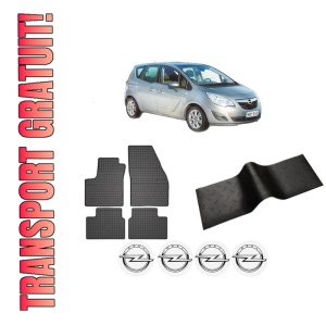 Set 5 covorase auto OPEL MERIVA B MPV (S10) din 2016-2020, cu covoras tunel median, presuri auto din cauciuc, 4x Stickere auto cu OPEL