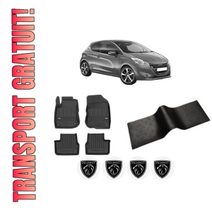 Set 5 covorase auto PEUGEOT 208 I (CA_, CC_) din 2010-2014, cu covoras tunel median, presuri auto din cauciuc, 4x Stickere auto cu PEUGEOT
