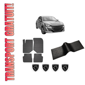 Set 5 covorase auto PEUGEOT 208 II (UB_, UP_, UW_, UJ_) din 2004-2011, cu covoras tunel median, presuri auto din cauciuc, 4x Stickere auto cu PEUGEOT