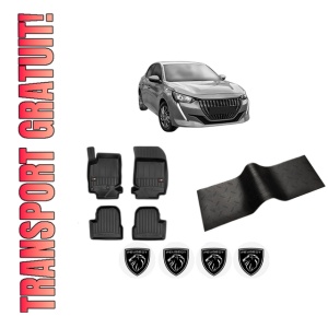 Set 5 covorase auto PEUGEOT 208 II (UB_, UP_, UW_, UJ_) din 2004-2011, cu covoras tunel median, presuri auto din cauciuc, 4x Stickere auto cu PEUGEOT