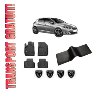 Set 5 covorase auto PEUGEOT 308 II (LB_, LP_, LW_, LH_, L3_) din 2012-2020, cu covoras tunel median, presuri auto din cauciuc, 4x Stickere auto cu PEUGEOT