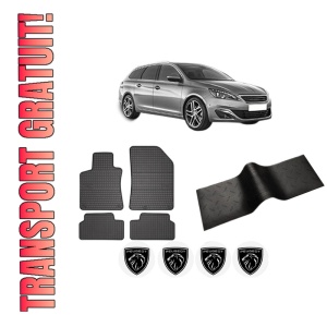 Set 5 covorase auto PEUGEOT 308 SW II (LC_, LJ_, LR_, LX_, L4_) din 2017-2018, cu covoras tunel median, presuri auto din cauciuc, 4x Stickere auto cu PEUGEOT