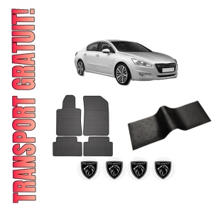 Set 5 covorase auto PEUGEOT 508 I (8D_) din 2008-2018, cu covoras tunel median, presuri auto din cauciuc, 4x Stickere auto cu PEUGEOT