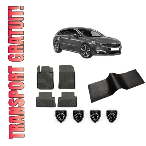 Set 5 covorase auto PEUGEOT 508 SW I (8E_) din 2008-2017, cu covoras tunel median, presuri auto din cauciuc, 4x Stickere auto cu PEUGEOT