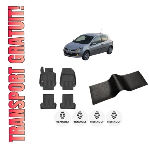 Set 5 covorase auto RENAULT CLIO III (BR0/1, CR0/1) din 2012-2020, cu covoras tunel median, presuri auto din cauciuc, 4x Stickere auto cu RENAULT