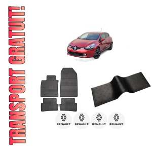 Set 5 covorase auto RENAULT CLIO IV Hatchback Van (BH_) din 2000-2007, cu covoras tunel median, presuri auto din cauciuc, 4x Stickere auto cu RENAULT