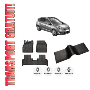 Set 5 covorase auto RENAULT GRAND SCENIC III (JZ0/1_) din 2014-2018, cu covoras tunel median, presuri auto din cauciuc, 4x Stickere auto cu RENAULT