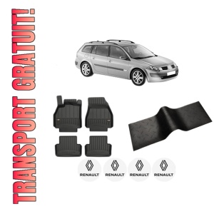 Set 5 covorase auto RENAULT MEGANE II Estate (KM0/1_) din 2003-2012, cu covoras tunel median, presuri auto din cauciuc, 4x Stickere auto cu RENAULT
