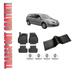 Set 5 covorase auto RENAULT MEGANE II Estate Van (KM_) din 2004-2013, cu covoras tunel median, presuri auto din cauciuc, 4x Stickere auto cu RENAULT