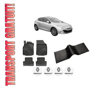 Set 5 covorase auto RENAULT MEGANE III Hatchback Van (BZ_) din 2009-2017, cu covoras tunel median, presuri auto din cauciuc, 4x Stickere auto cu RENAULT