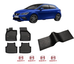Set 5 covorase auto SEAT LEON (KL1, KLG) din 2012-2019, cu covoras tunel median, presuri auto din cauciuc, 4x Stickere auto cu SEAT - Img 2