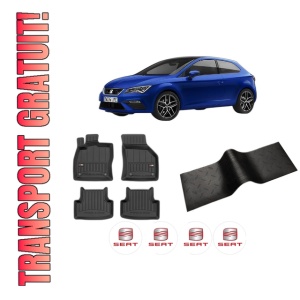 Set 5 covorase auto SEAT LEON (KL1, KLG) din 2012-2019, cu covoras tunel median, presuri auto din cauciuc, 4x Stickere auto cu SEAT