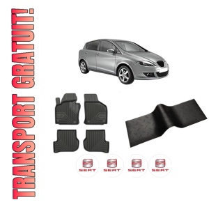 Set 5 covorase auto SEAT TOLEDO III (5P2) din 2015-2017, cu covoras tunel median, presuri auto din cauciuc, 4x Stickere auto cu SEAT