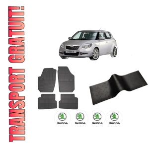 Set 5 covorase auto SKODA FABIA II (542) din 2007-2015, cu covoras tunel median, presuri auto din cauciuc, 4x Stickere auto cu SKODA