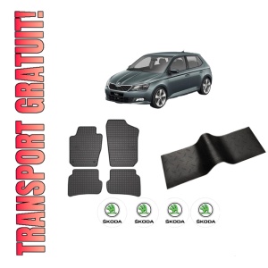 Set 5 covorase auto SKODA FABIA III (NJ3) din 2019, cu covoras tunel median, presuri auto din cauciuc, 4x Stickere auto cu SKODA
