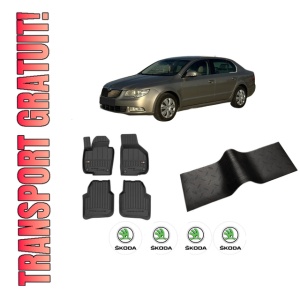 Set 5 covorase auto SKODA SUPERB II Estate (3T5) din 2011-2016, cu covoras tunel median, presuri auto din cauciuc, 4x Stickere auto cu SKODA