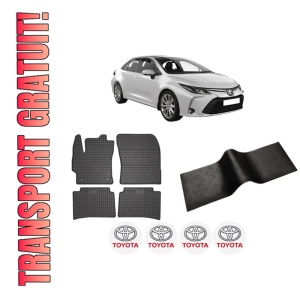 Set 5 covorase auto TOYOTA COROLLA Hatchback (_E21_, _EA1_, _EH1_) din 2010-2017, cu covoras tunel median, presuri auto din cauciuc, 4x Stickere auto cu TOYOTA