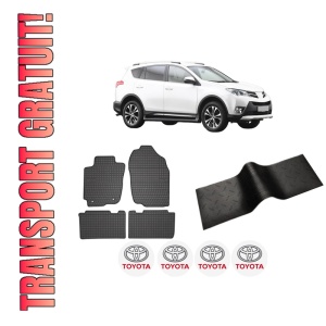 Set 5 covorase auto TOYOTA RAV 4 IV VAN (_A4_) din 2016-2021, cu covoras tunel median, presuri auto din cauciuc, 4x Stickere auto cu TOYOTA