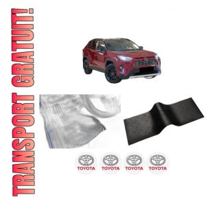 Set 5 covorase auto TOYOTA RAV 4 V (_A5_, _H5_) din 2015-2017, cu covoras tunel median, presuri auto din cauciuc, 4x Stickere auto cu TOYOTA