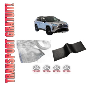 Set 5 covorase auto TOYOTA RAV 4 V VAN (_A5_, _H5_) din 2015-2017, cu covoras tunel median, presuri auto din cauciuc, 4x Stickere auto cu TOYOTA