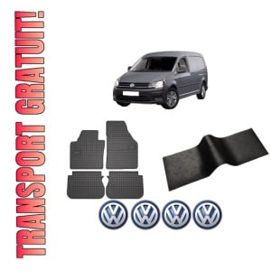 Set 5 covorase auto Volkswagen CADDY IV MPV (SAB, SAJ) din 2019, cu covoras tunel median, presuri auto din cauciuc, 4x Stickere auto cu Volkswagen