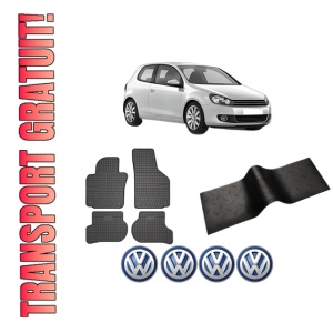 Set 5 covorase auto Volkswagen GOLF VI (5K1) din 2011-2016, cu covoras tunel median, presuri auto din cauciuc, 4x Stickere auto cu Volkswagen